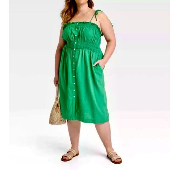 NWT SZ XL Linen Blend Sleeveless Smocked Detail Midi Dress in Perfect Mint Color - Picture 1 of 7